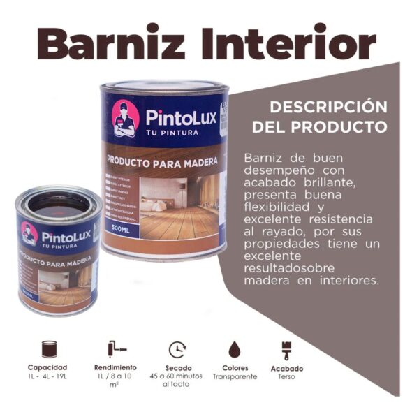 Barniz Interior 2001 para madera 500 ml. Pintolux